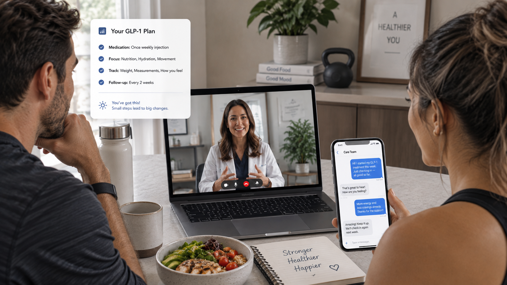 A man and a woman at home reviewing a telehealth visit with their provider