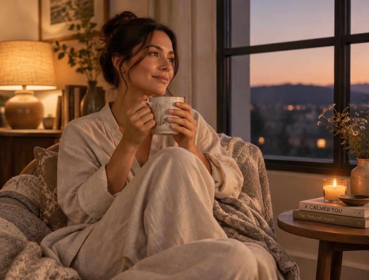 Woman relaxing with a mug of tea by a window at dusk
